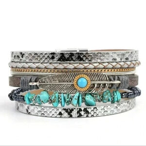 Bohemian Western Turquoise Faux Leather Layered Wrap Magnetic Bracelet
